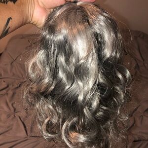 Grey dimensional hair topper crown clip in. Curly wig extensions